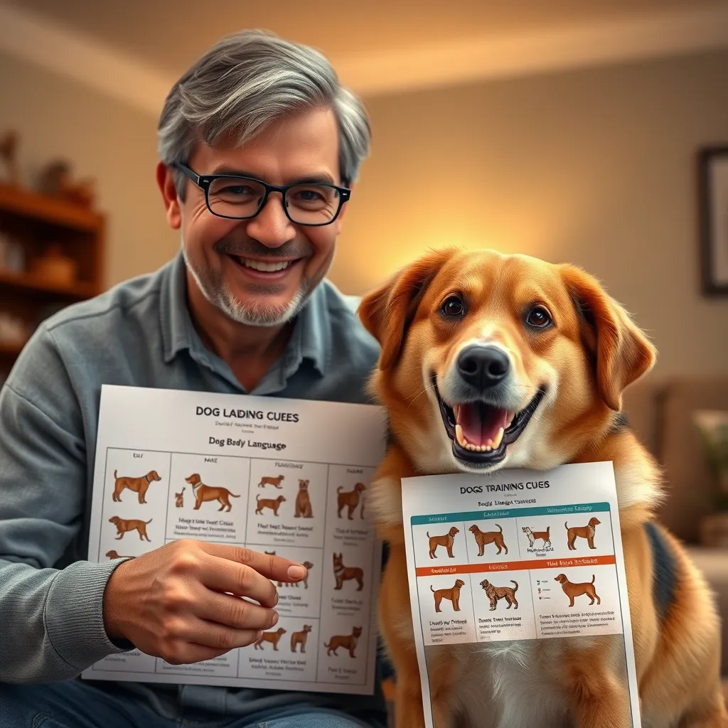 A photorealistic image of a dog owner and their dog, both smiling, with the owner pointing at a dog training chart showing various dog body language cues and their corresponding meanings. The background is a warm, homey setting with soft lighting.