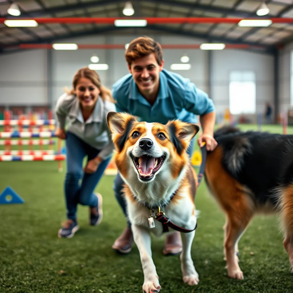 A photorealistic image of a dog owner and their dog, both looking happy and engaged, participating in a dog agility course. The course features colorful obstacles and a clear, inviting environment. The image emphasizes the joy and teamwork involved in training.