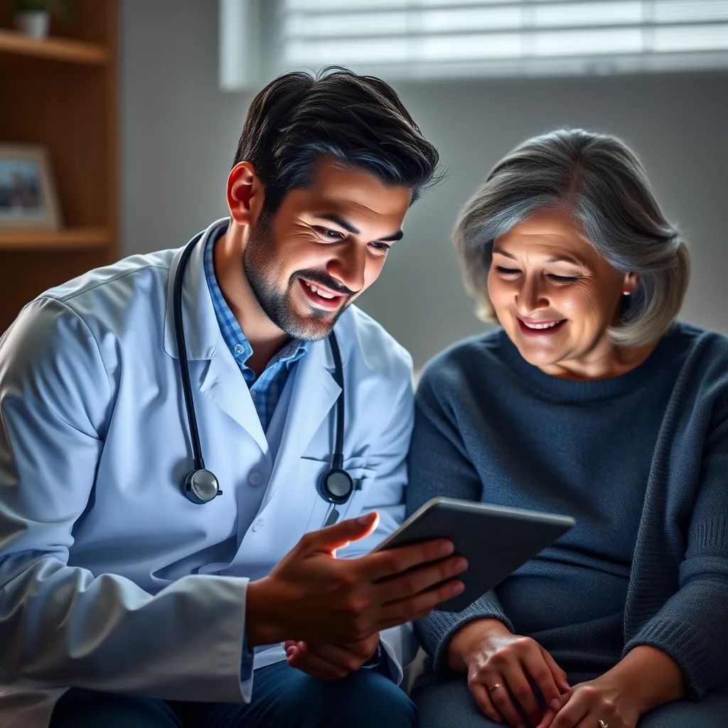A photorealistic image of a doctor reviewing a patient's medical records on a digital tablet, while a patient sits nearby with a warm and trusting expression. The image should highlight the personalized nature of the healthcare experience.
