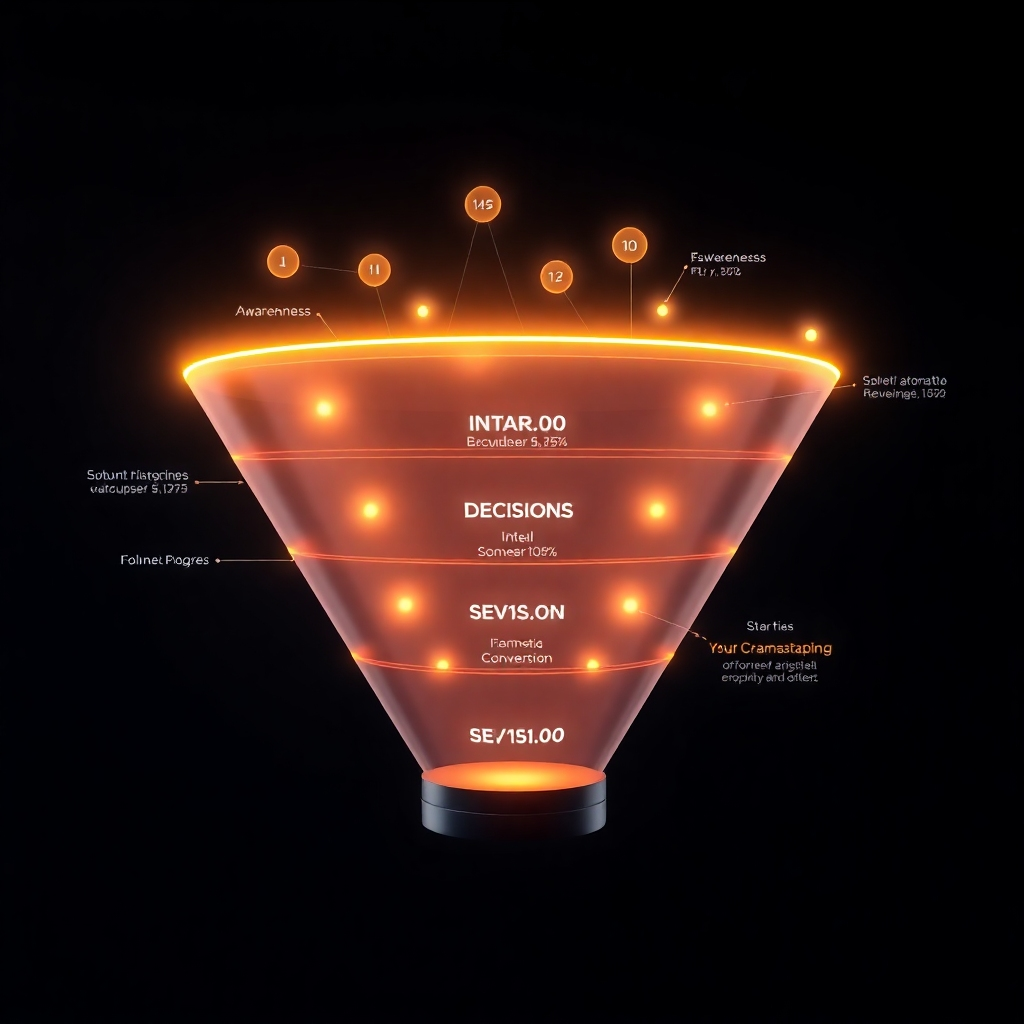A photorealistic image of a dynamic funnel visualization with glowing nodes representing various stages of the customer journey.  Each node should be labeled with keywords like 'awareness', 'interest', 'decision', etc.  Show data points indicating progress and conversion rates at each stage, highlighting the automation and efficiency driven by SAITS4U HumanBot.  The style should be clean and intuitive, focusing on data-driven insights and progress.