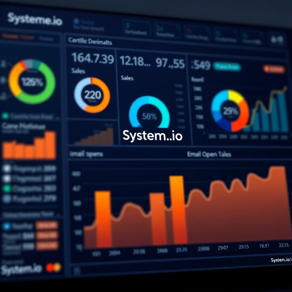 A photorealistic image of a dynamic dashboard displaying various charts and graphs showcasing key metrics such as conversion rates, email open rates, and sales figures. The data should be visually appealing, showcasing clear trends. The Systeme.io logo should be subtly incorporated into the background.