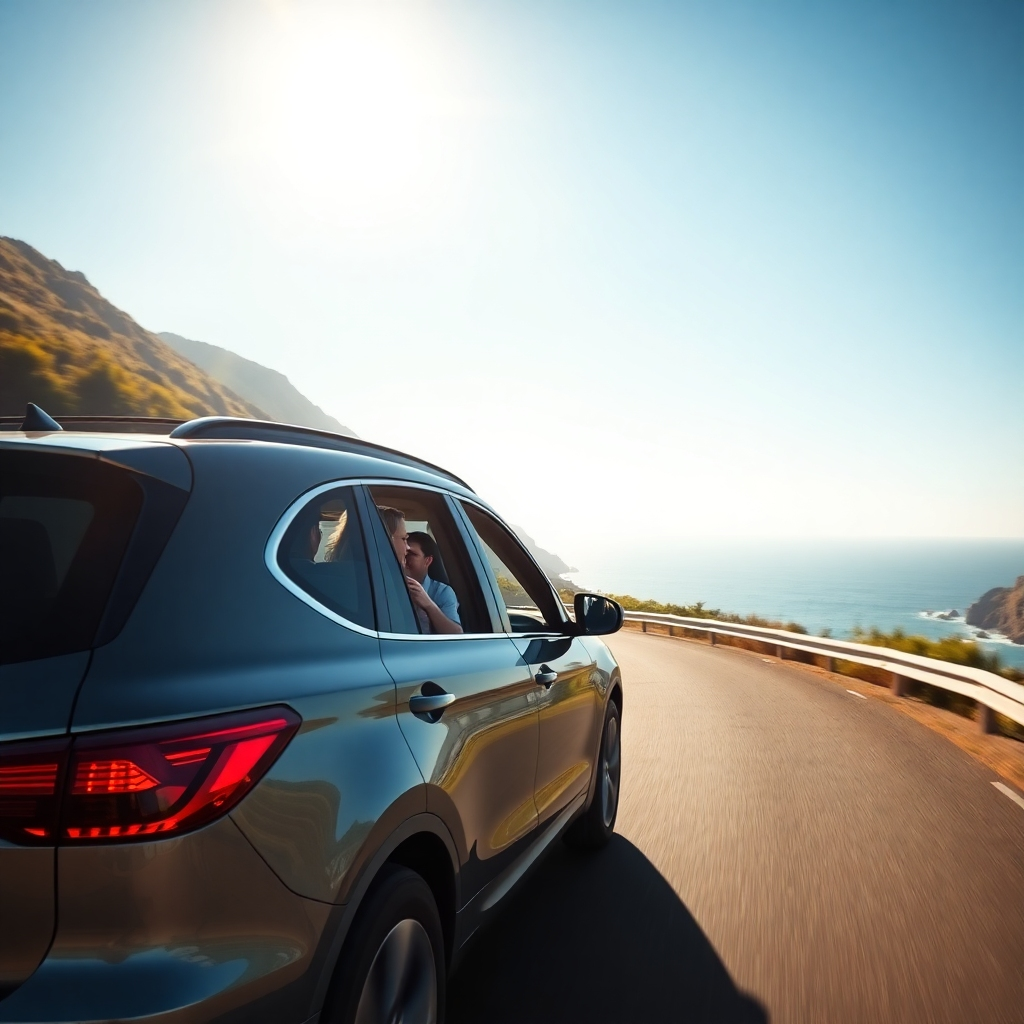 A photorealistic image of a family happily driving down a scenic coastal highway in a sleek, pre-owned SUV. The road should be winding, with vibrant, lush greenery and a clear blue sky visible. The sun should be gently illuminating the vehicle, highlighting its gleaming finish. The family should appear joyful and relaxed, emphasizing the reliability and enjoyment of the car.