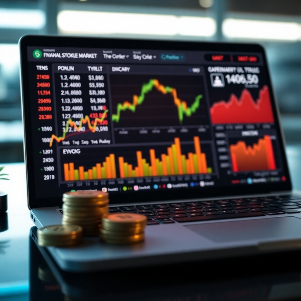A photorealistic image of a financial dashboard displaying positive stock market performance trends and dividend payouts, along with a laptop showing stock market charts and graphs in the background. The image should focus on the visual representation of growth and financial stability, with a modern, clean aesthetic.