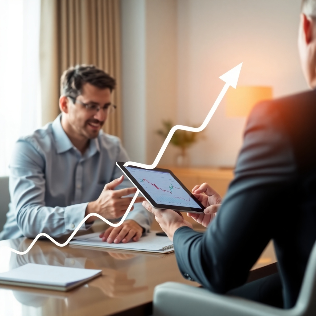 A photorealistic image of a financial graph trending upwards, superimposed on a background of a meeting between a client and a financial advisor. The advisor is explaining financial concepts using a tablet showcasing personalized financial data. The image should communicate clarity, strategy, and forward-thinking.