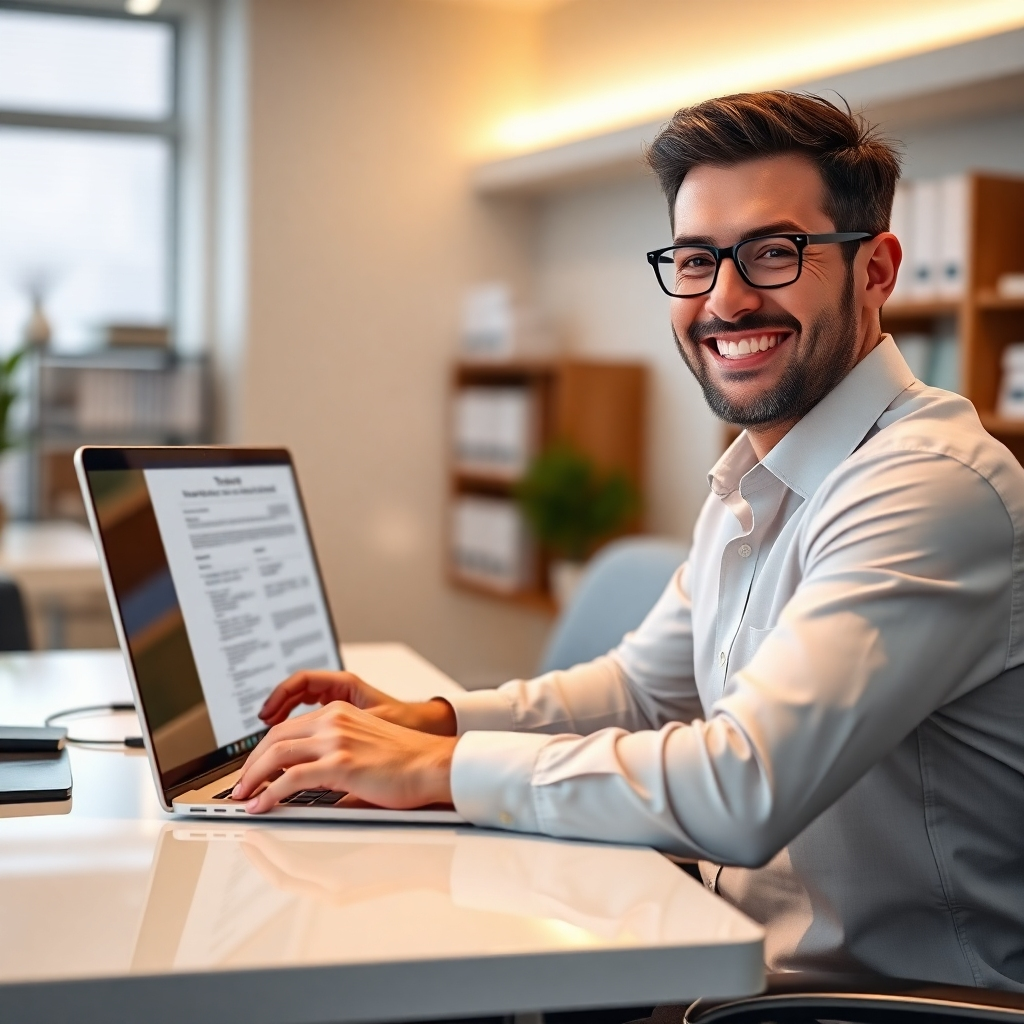 A photorealistic image of a friendly, professional tax consultant sitting at a modern desk, smiling and gesturing towards a laptop screen displaying a tax form, with a well-lit and organized office in the background. The overall mood should be reassuring and trustworthy.