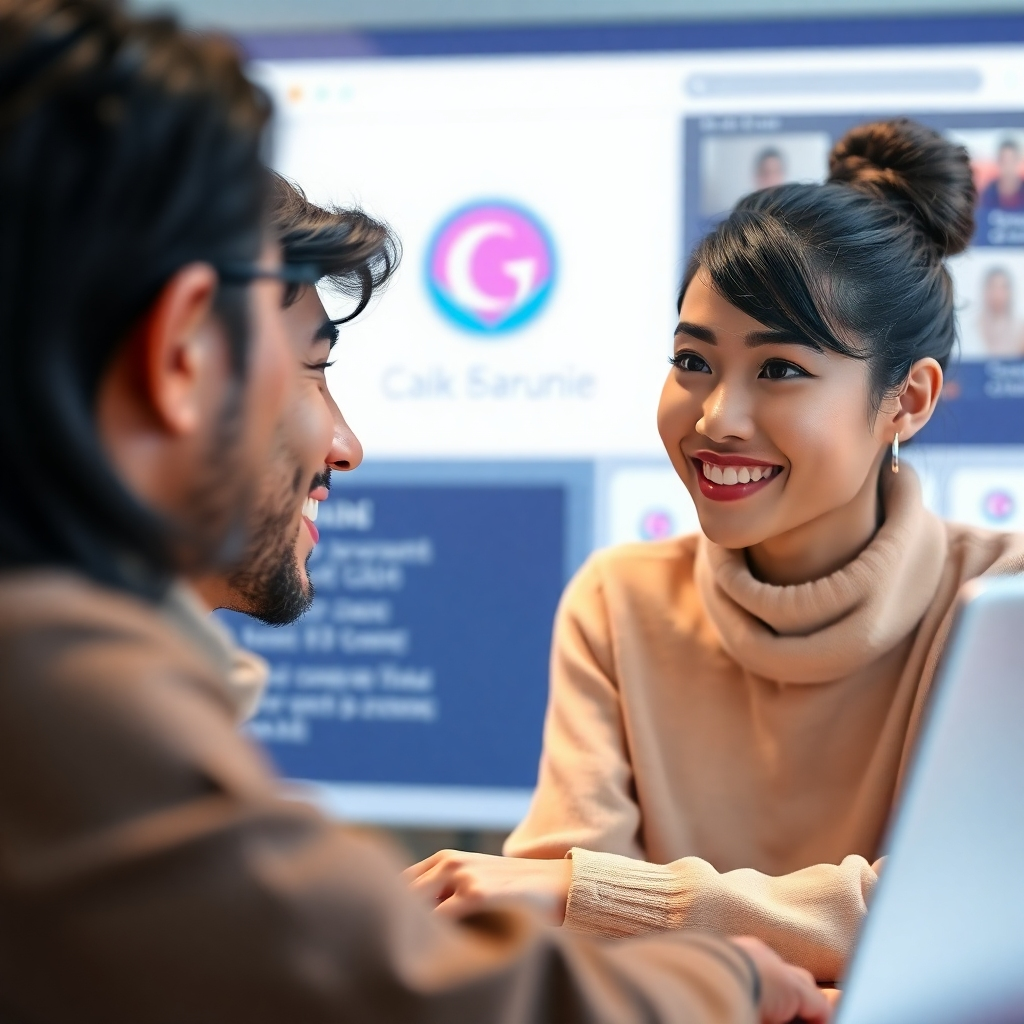 A photorealistic image of a friendly digital human interacting with a customer on a website chat, with positive expressions on both their faces. The background should be a clean and modern website interface, showcasing a vibrant brand logo. The lighting should be soft and natural, enhancing the overall feeling of a positive interaction.