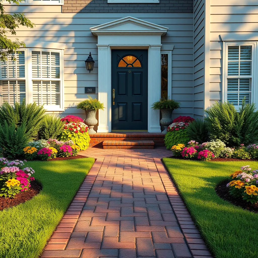 A photorealistic image of a front yard with a well-maintained lawn, colorful flowerbeds, and a charming brick walkway leading to the front door. The image should convey a sense of welcoming and personalization, showcasing a cohesive and aesthetically pleasing design.