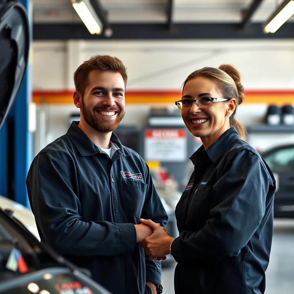A photorealistic image of a friendly auto shop staff member interacting with a customer in a welcoming and professional manner. The customer should be smiling and appear confident in the service they are receiving. The background should depict a clean and well-maintained auto shop environment.