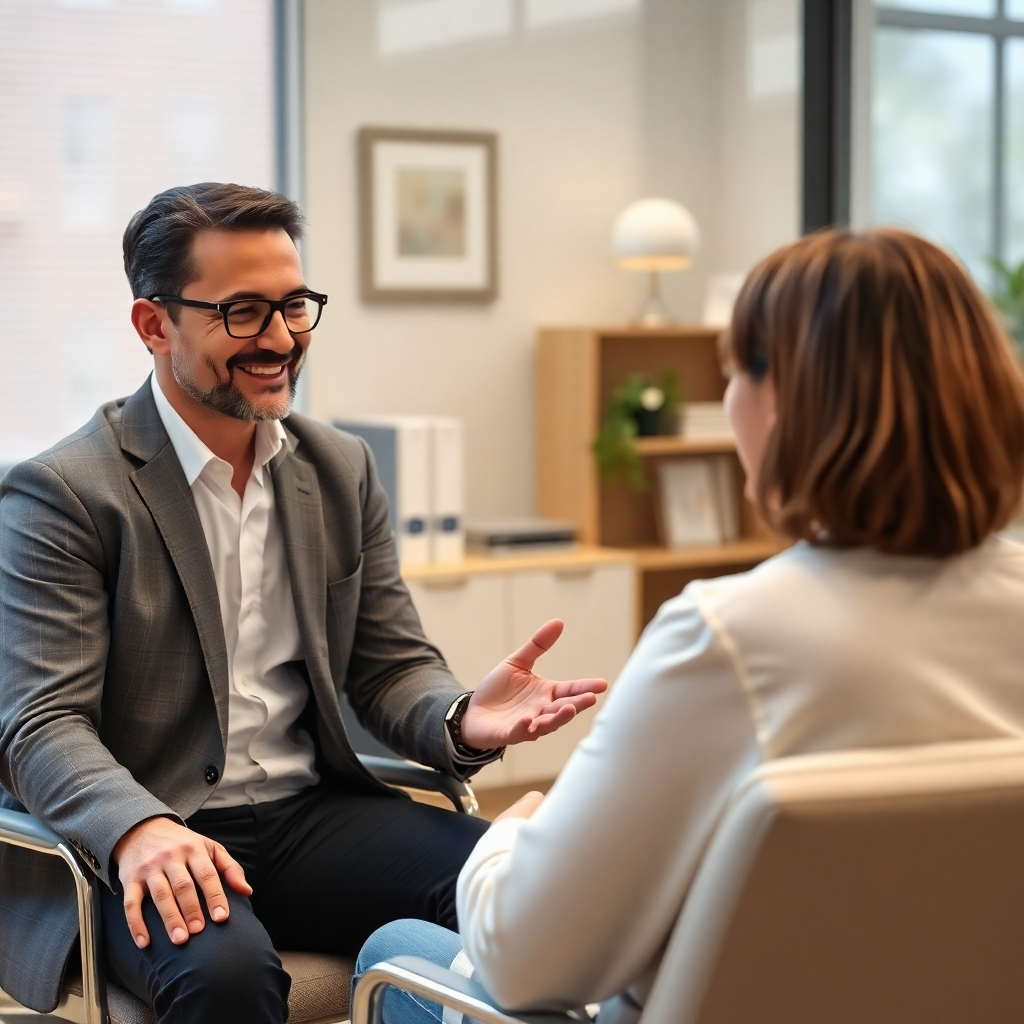 A photorealistic image of a friendly and approachable tax consultant sitting across from a client, engaged in a calm and reassuring conversation. The setting should be a comfortable, well-lit office space.  The image should portray a sense of trust, understanding, and personalized service.