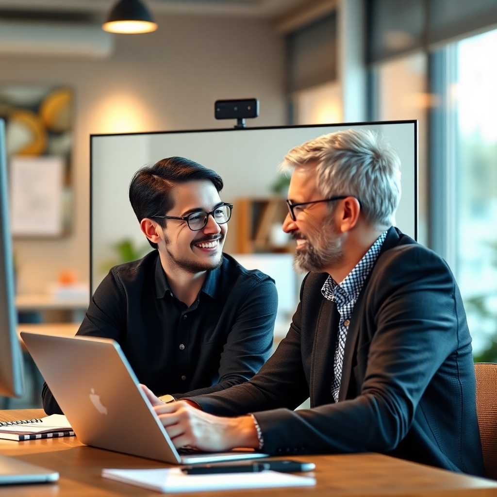 A photorealistic image of a freelance writer engaging in a video conference call with a satisfied client, both smiling and looking at each other. The background should be blurred but suggest professional workspaces.  The scene should project a feeling of trust, collaboration, and mutual success. The image's lighting should be warm and inviting, symbolizing strong client relationships.