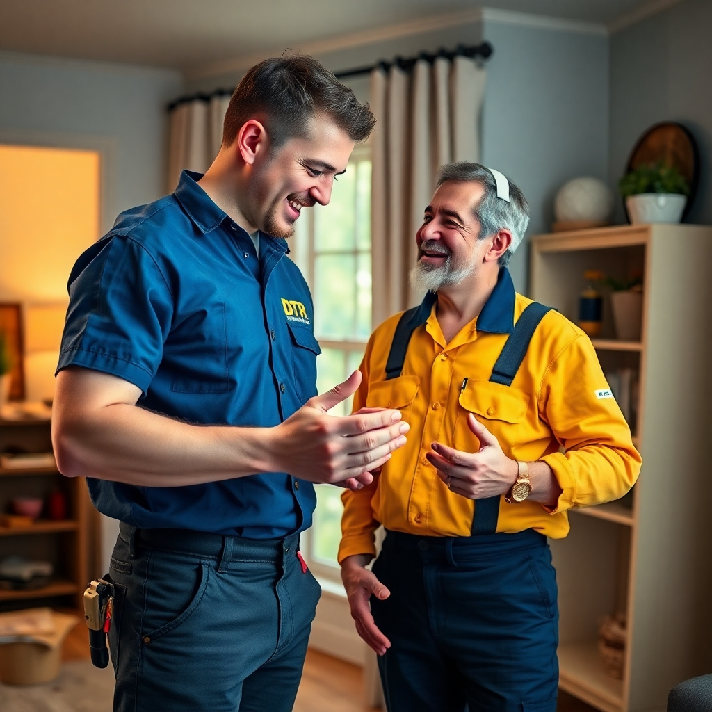 A photorealistic image of a friendly and professional handyman interacting with a satisfied customer in their home. The image should convey a sense of trust, reliability, and expertise. The handyman should be wearing a uniform with the DTR Handyman logo.