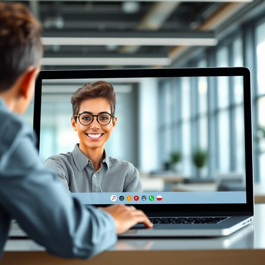 A photorealistic image of a friendly digital human with realistic facial expressions, engaging in a chat conversation with a human user on a laptop screen. The setting should be a modern, brightly lit office space, with a focus on the positive and interactive nature of the conversation.  The digital human should appear lifelike and approachable, fostering a sense of connection with the user. The image needs to convey a sense of trust and professionalism.