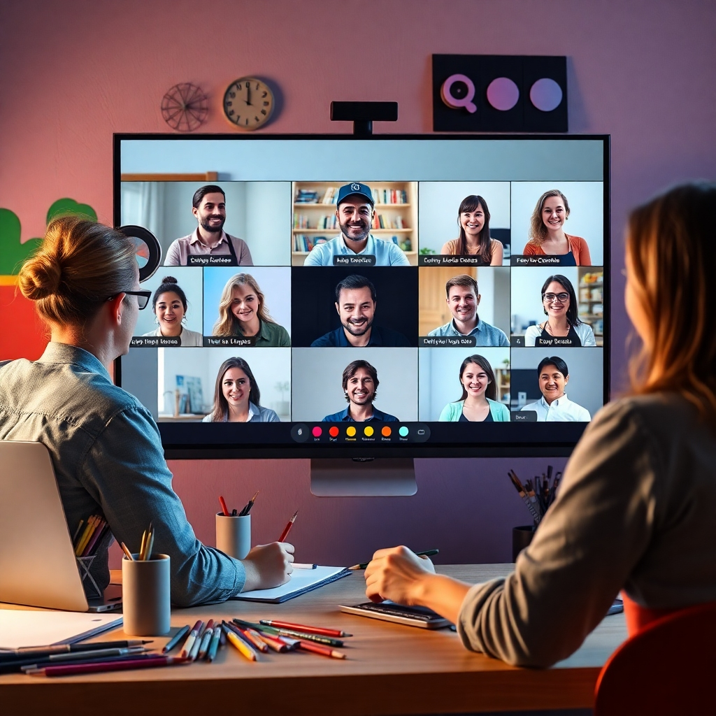 A photorealistic image of a friendly instructor leading an online workshop via video conferencing, demonstrating a creative skill like painting or digital design. The scene should show multiple participants' faces in the video conference, actively engaging and learning.  The background should include drawing tools, a laptop, and a vibrant color palette.