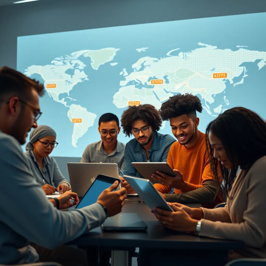 A photorealistic image of a group of diverse people working together on a digital marketing strategy, using laptops and tablets, with a map of the world projected behind them, emphasizing the global reach of the strategy.