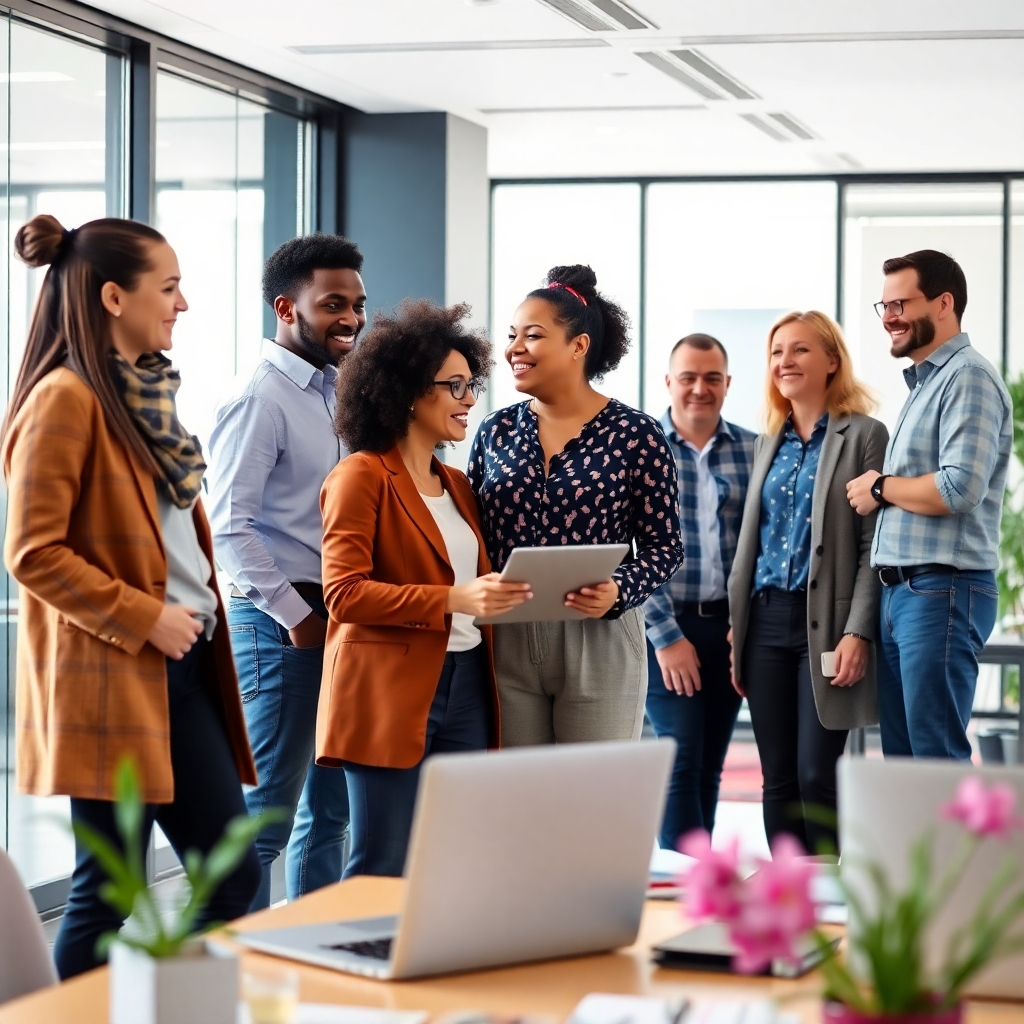 A photorealistic image of a group of happy, diverse employees collaborating in a modern office space, highlighting a positive work environment.