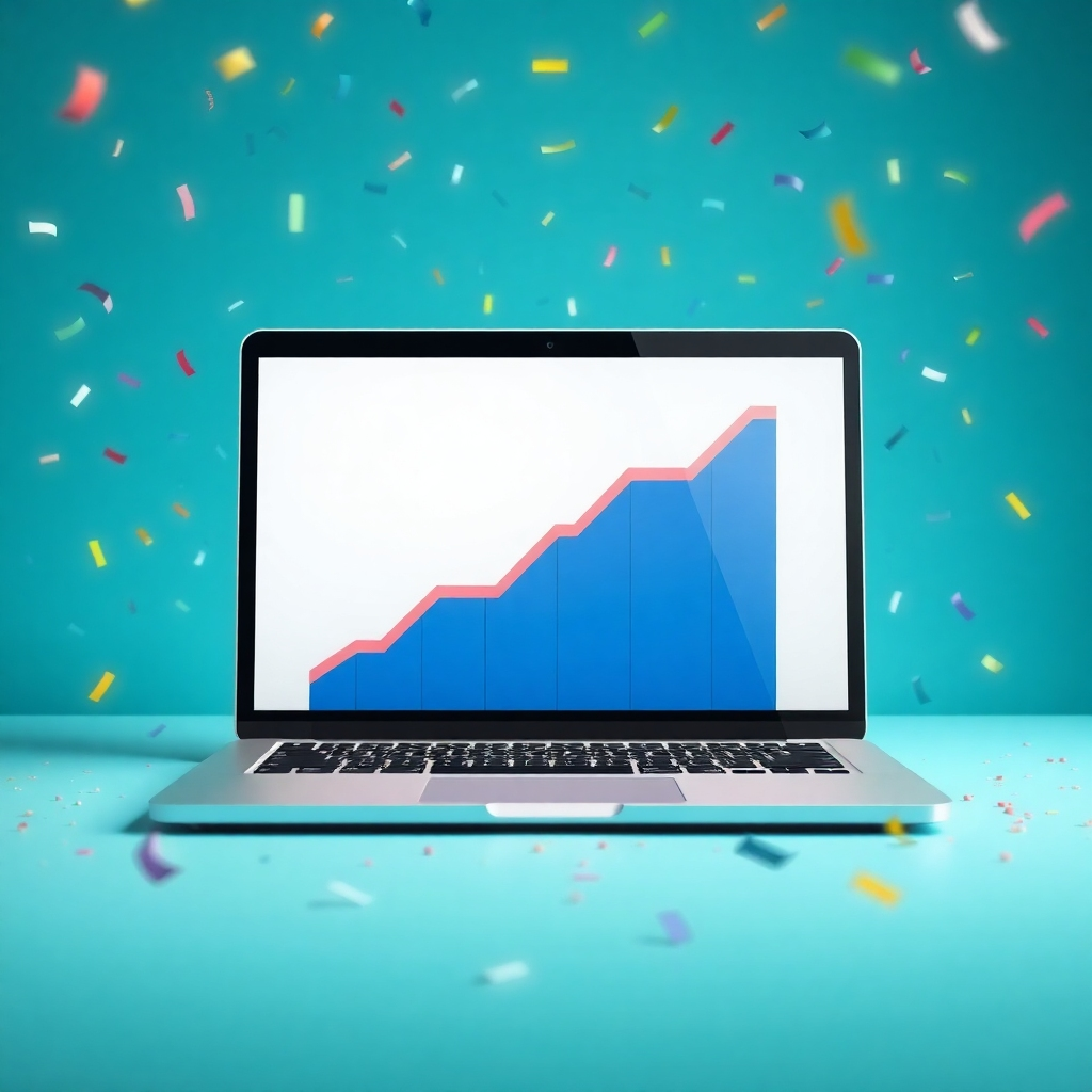 A photorealistic image of a growing upward graph displayed on a laptop screen, accompanied by a celebratory confetti effect. The image should convey the idea of expansion and continuous growth. The color palette should be vibrant and positive.