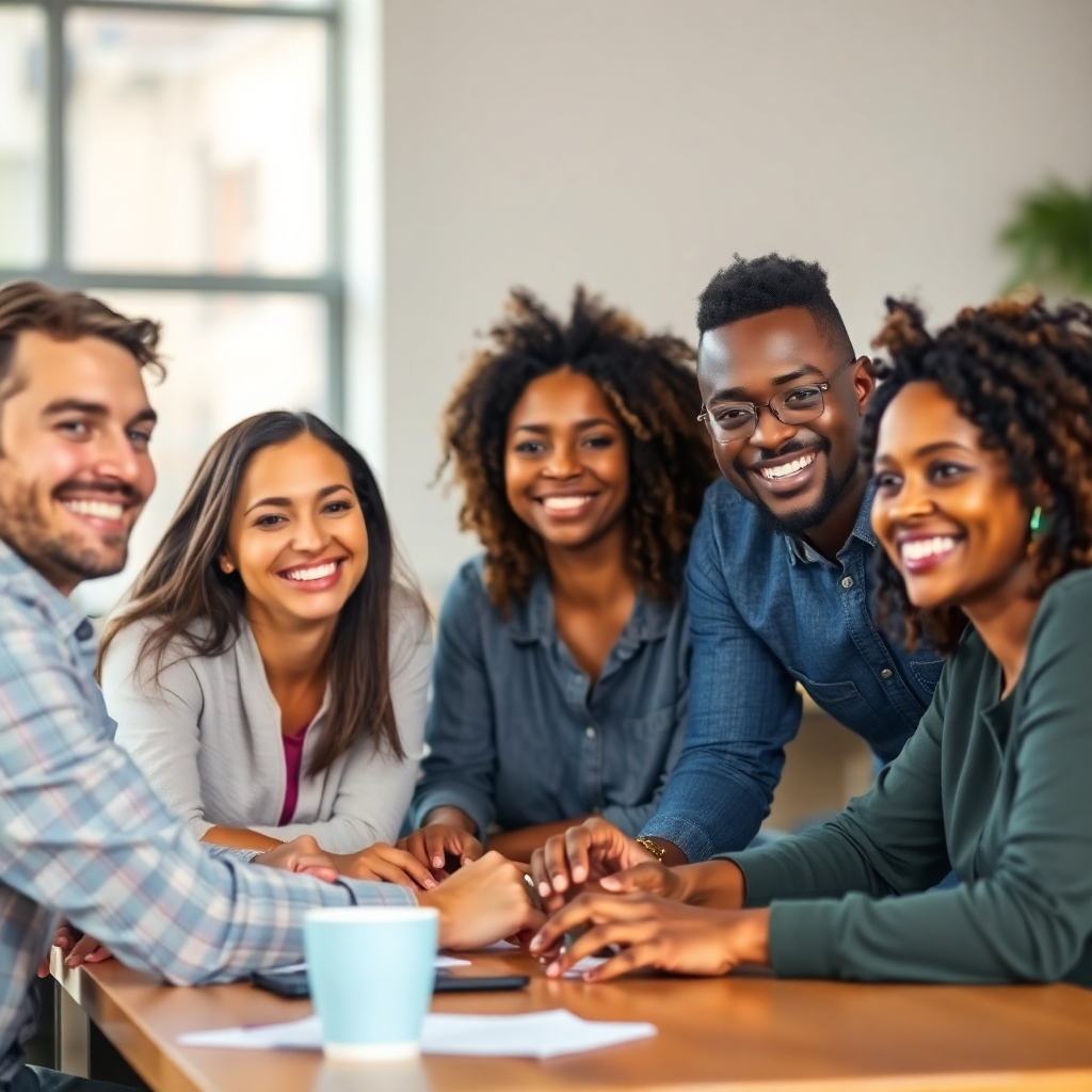 A photorealistic image of a group of diverse people smiling and collaborating around a table in a friendly, collaborative setting.  The image should convey a sense of community and support.