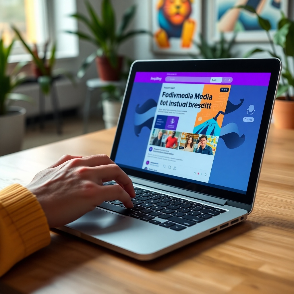 A photorealistic image of a hand typing on a laptop, with the screen displaying a visually appealing social media post. The post features vibrant graphics, compelling text, and a clear call to action. The lighting is soft and natural, highlighting the details of the screen and keyboard. The color palette is bright and engaging, reflecting the dynamic nature of social media. The camera angle is slightly above, showcasing the laptop and the surrounding workspace. The environment is a creative and inspiring office setting, with plants and artwork in the background. Technical specs: 8K resolution, hyperrealistic rendering.