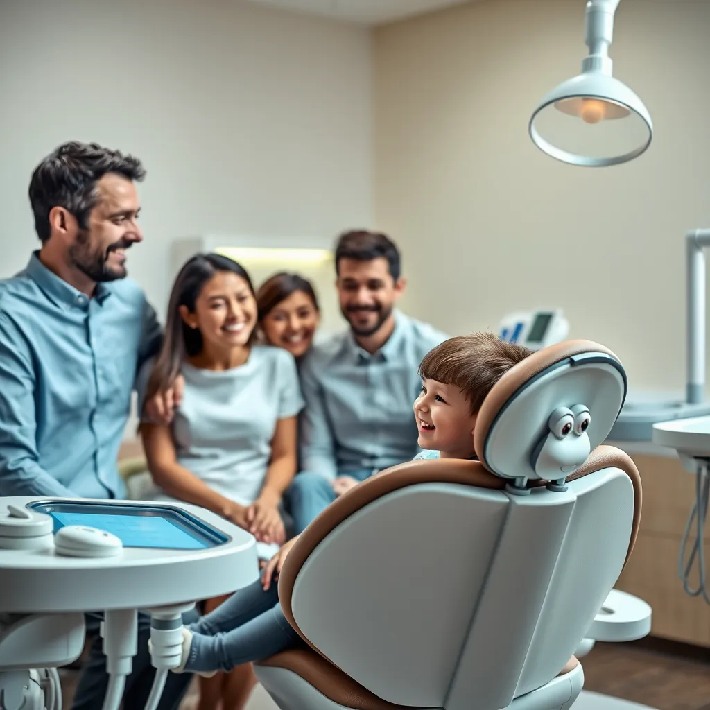 A photorealistic image of a happy family, parents and children, sitting in a modern, welcoming dental office. The dentist is smiling and interacting with the family, while a child is sitting in a comfortable dental chair with a playful cartoon character on the headrest. The background features calming colors and modern dental equipment.