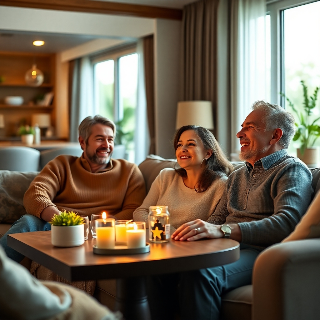 A photorealistic image of a happy family enjoying their time together in a comfortable and luxurious home.  Focus on details suggesting financial security: modern decor, a spacious environment, happy expressions.  Use soft, warm lighting and earth tones in the color palette.  The camera angle should be from a slightly elevated position, to show the scene from a vantage point. Aim for a 4K resolution, hyperrealistic, soft focus, evoking a feeling of serenity and well-being.