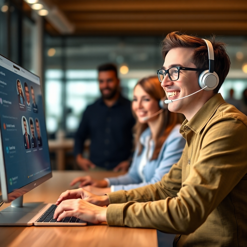 A photorealistic image of a happy customer interacting with a company's support team via a user-friendly interface, representing faster response times and better customer service.