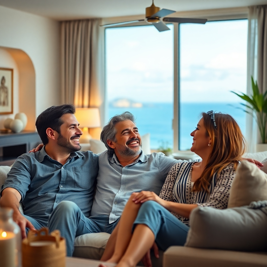 A photorealistic image of a happy family relaxing in their beautifully decorated home or on a luxurious vacation. The background should showcase a relaxed lifestyle and financial independence. The style should evoke a feeling of joy, serenity, and security. The lighting should be warm, natural, and inviting, suggesting comfort and security.