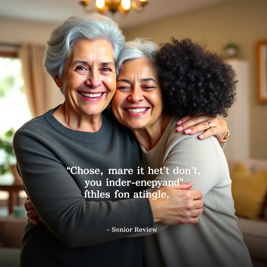 A photorealistic image of a happy senior woman embracing her daughter, with a background showing a cozy, well-maintained senior living facility or home. The image should have a warm, inviting feeling and subtly include text from a positive client review superimposed on the background.