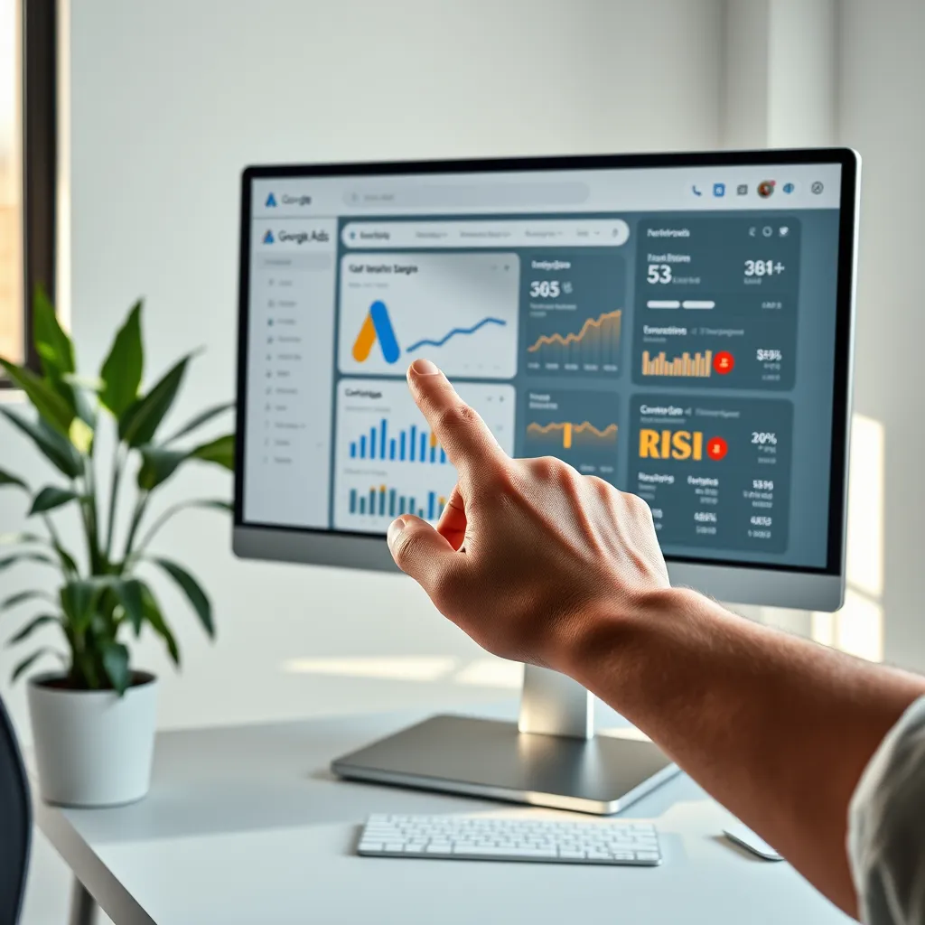 A photorealistic image of a hand pointing to a computer screen displaying a successful Google Ads campaign dashboard. The screen shows a detailed analysis of campaign metrics, including clicks, impressions, conversions, and ROI.  The scene is set in a modern office environment with a minimalist aesthetic, featuring a sleek desk, a comfortable chair, and natural light streaming in from a window. The lighting should be soft and diffused, highlighting the screen's data and the hand's gesture. Emphasize the detailed data visualizations, the campaign performance indicators, and the professional interface of the Google Ads platform. Capture a sense of control and confidence, showcasing the ability to manage and optimize paid advertising campaigns for maximum impact. Render the image in 8K resolution with hyperrealistic textures and details.