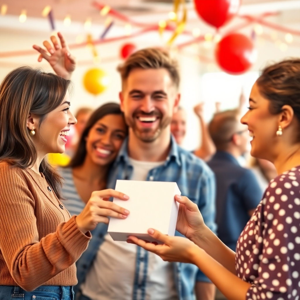 A photorealistic image of a happy customer receiving a product, with the background showing a celebration. The colors should be vibrant, and the overall feeling of the picture should convey excitement and satisfaction.