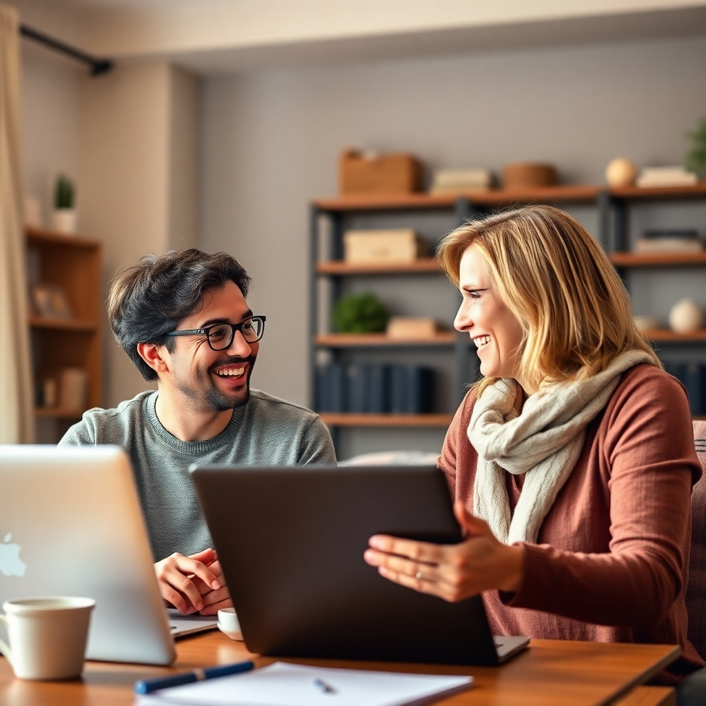 A photorealistic image of a happy coach interacting virtually with a client, their faces conveying positive emotions and success.  The setting is a comfortable home office, emphasizing work-life balance. The lighting should be warm and inviting, creating a feeling of trust and connection.