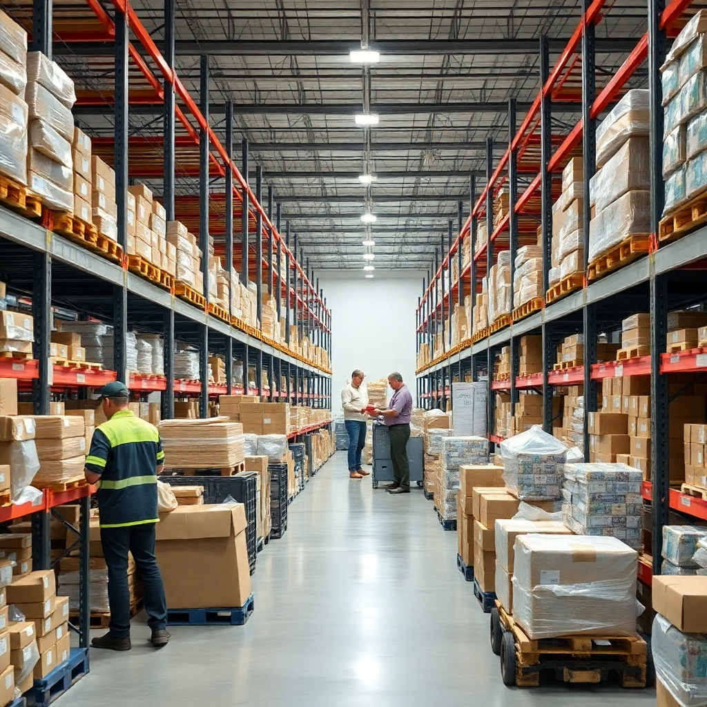 A photorealistic image of a highly organized warehouse with workers efficiently sorting and packaging items. The image should convey a sense of order, speed, and efficiency. The lighting should be bright and clean.