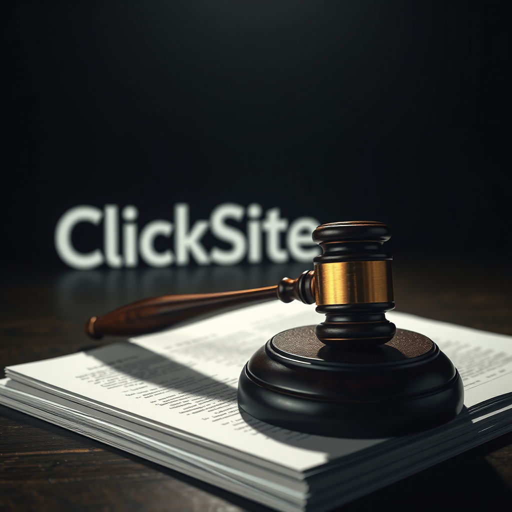 A photorealistic image of a judge's gavel resting on a stack of documents, with the ClickSite.AI logo subtly visible in the background. The scene should be dimly lit, creating a serious and decisive atmosphere. The focus should be on the gavel and the documents, suggesting a final judgment. The color palette should be dark and muted, with hints of gold and silver. The texture of the wood and paper should be highly detailed. The camera angle should be slightly above eye level, conveying authority. 8k resolution, hyperrealistic.