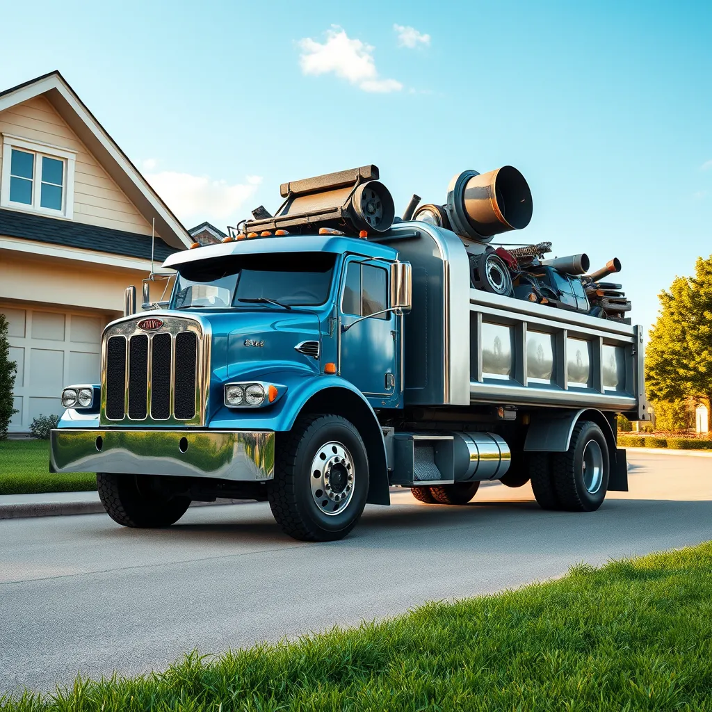 A photorealistic image of a Knight Owl truck,  with a metallic blue and silver paint job,  pulling up to a residential home. The truck is loaded with various scrap metal items, including car parts, appliances, and metal piping. The truck is positioned against a backdrop of a lush green lawn and a bright blue sky. The lighting is soft and diffused, creating a warm, inviting atmosphere. The image is in the style of a classic automotive advertisement, with a strong focus on detail and realism. The camera angle is slightly elevated, showcasing the truck from a low angle. The image is rendered in 8K resolution with hyperrealistic detail and textures. 