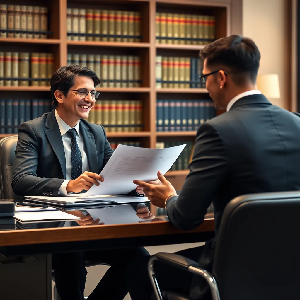 A photorealistic image of a lawyer in a suit sitting at a desk, reviewing legal documents and smiling reassuringly at a client seated across from them. The scene should be set in a well-lit modern law office, with bookshelves and legal files visible in the background. The image should convey a sense of professionalism, expertise, and client-focused care.