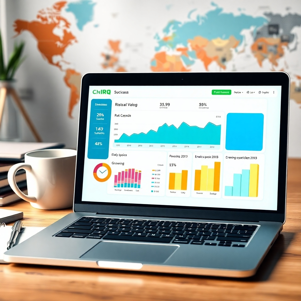 A photorealistic image of a laptop screen displaying a dashboard showing growing revenue charts and increasing email subscriber numbers. The background should subtly include images related to online business growth, such as a coffee cup, notebook, and a world map, suggesting a busy yet organized workspace.