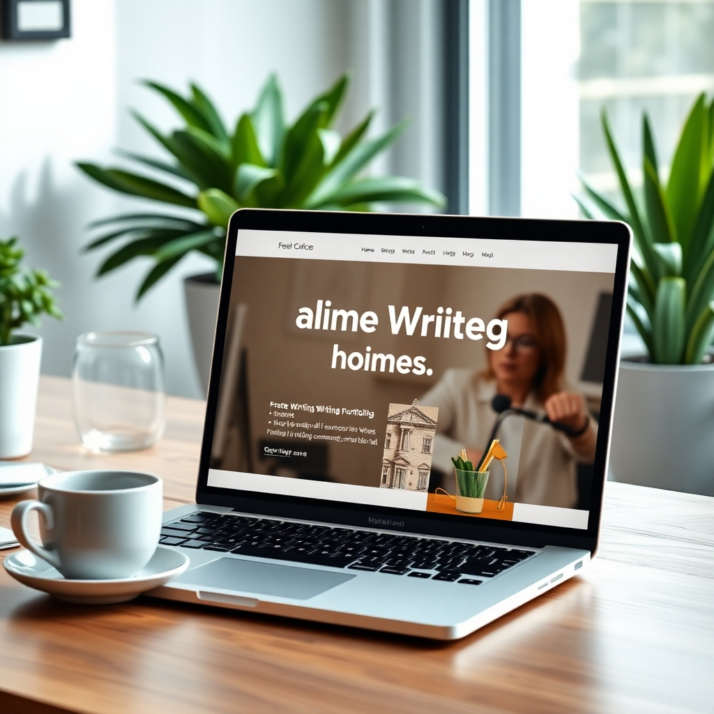 A photorealistic image of a laptop displaying a freelance writing portfolio website, with a stylish home office background featuring plants, a coffee cup, and natural light. The image should convey professionalism and a sense of calm productivity.