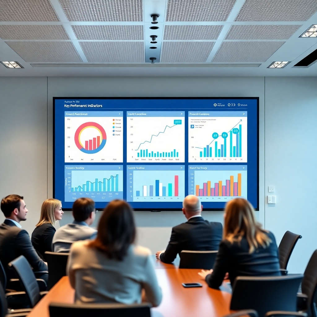 A photorealistic image of a large screen displaying interactive charts and graphs showing key performance indicators (KPIs). The data should be visually appealing and easy to interpret, showcasing the power of HumanBot's analytics.  The setting should be a professional conference room, with a team of business professionals collaborating around the screen. The lighting should be bright and clear to ensure readability.
