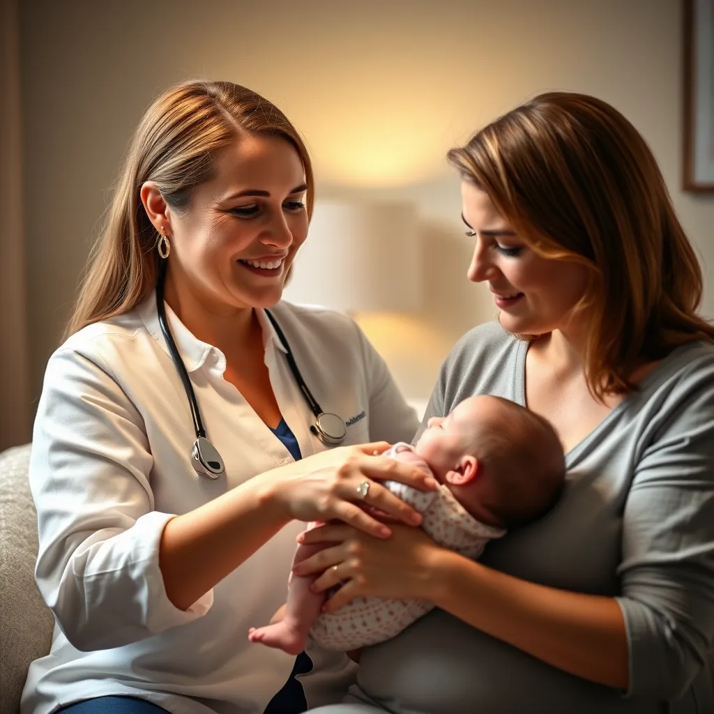 A photorealistic image of a lactation consultant smiling and holding a baby while gently explaining something to the baby's mother, who is looking at the consultant intently. The scene should be warm and inviting, taking place in a comfortable setting with soft lighting. The focus should be on the interaction between the consultant and the mother, highlighting their connection and trust.