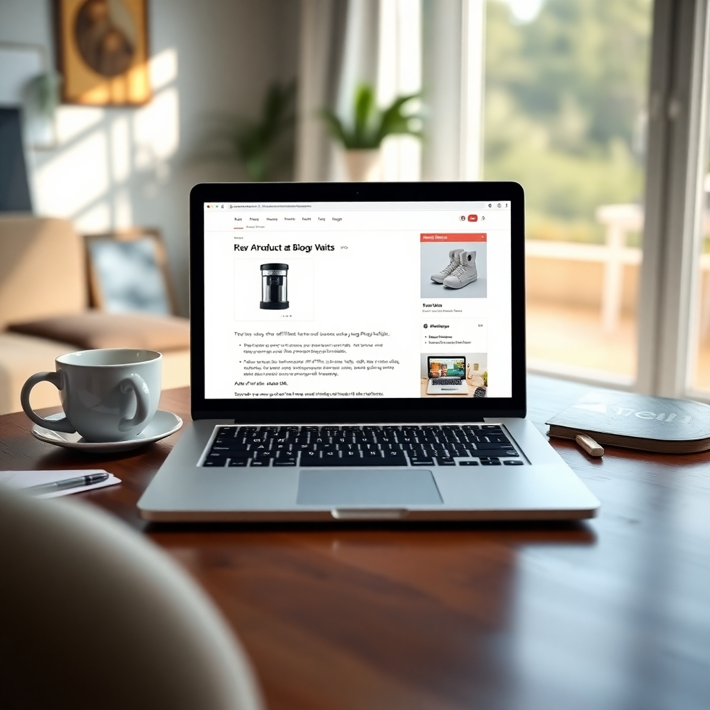 A photorealistic image of a laptop displaying a blog post about a product, with affiliate links clearly visible. The background should show a comfortable home office setting with natural light and a cup of coffee.  The overall mood should be calm and productive.