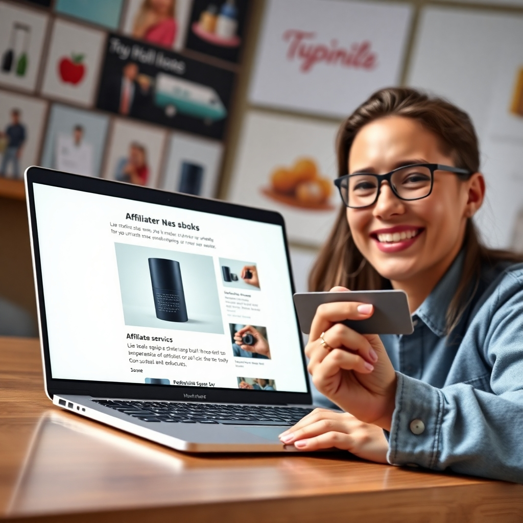 A photorealistic image of a laptop displaying a blog post about a product, with affiliate links clearly visible, alongside a cheerful person smiling and holding a credit card, indicating successful sales. The background should subtly showcase relevant product images and branding.