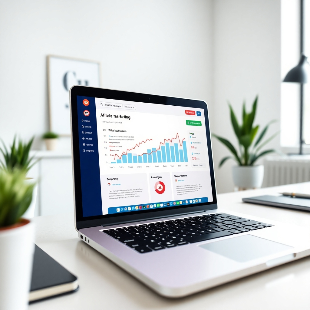 A photorealistic image of a laptop screen displaying a vibrant affiliate marketing dashboard with rising graphs and happy customer testimonials. The surrounding environment is a modern, minimalist workspace. The lighting is bright and encouraging. Camera angle: close-up on the laptop screen. Style: Clean, tech-focused photography.