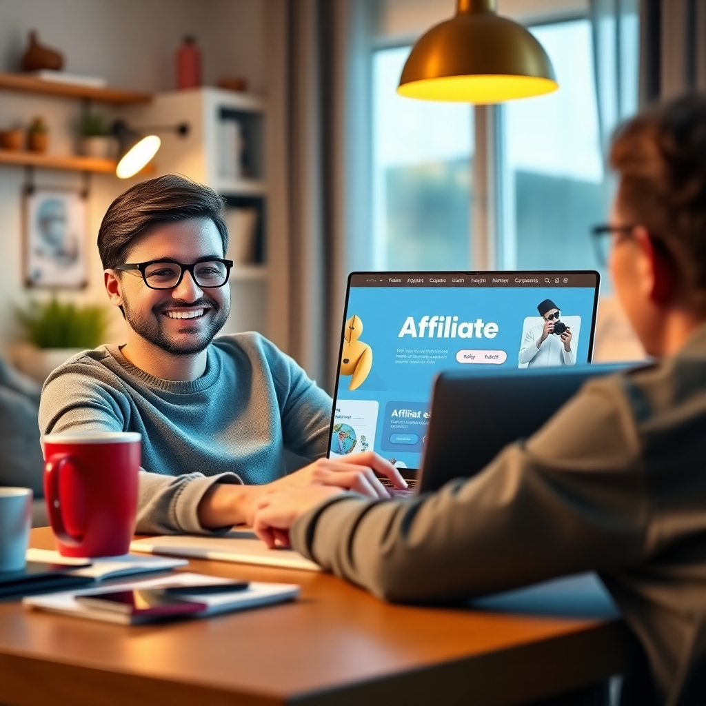 A photorealistic image of a laptop displaying a website with affiliate marketing banners.  A person is working from home, smiling confidently, with relevant marketing materials and a coffee cup nearby.  The background showcases comfortable and productive workspace.