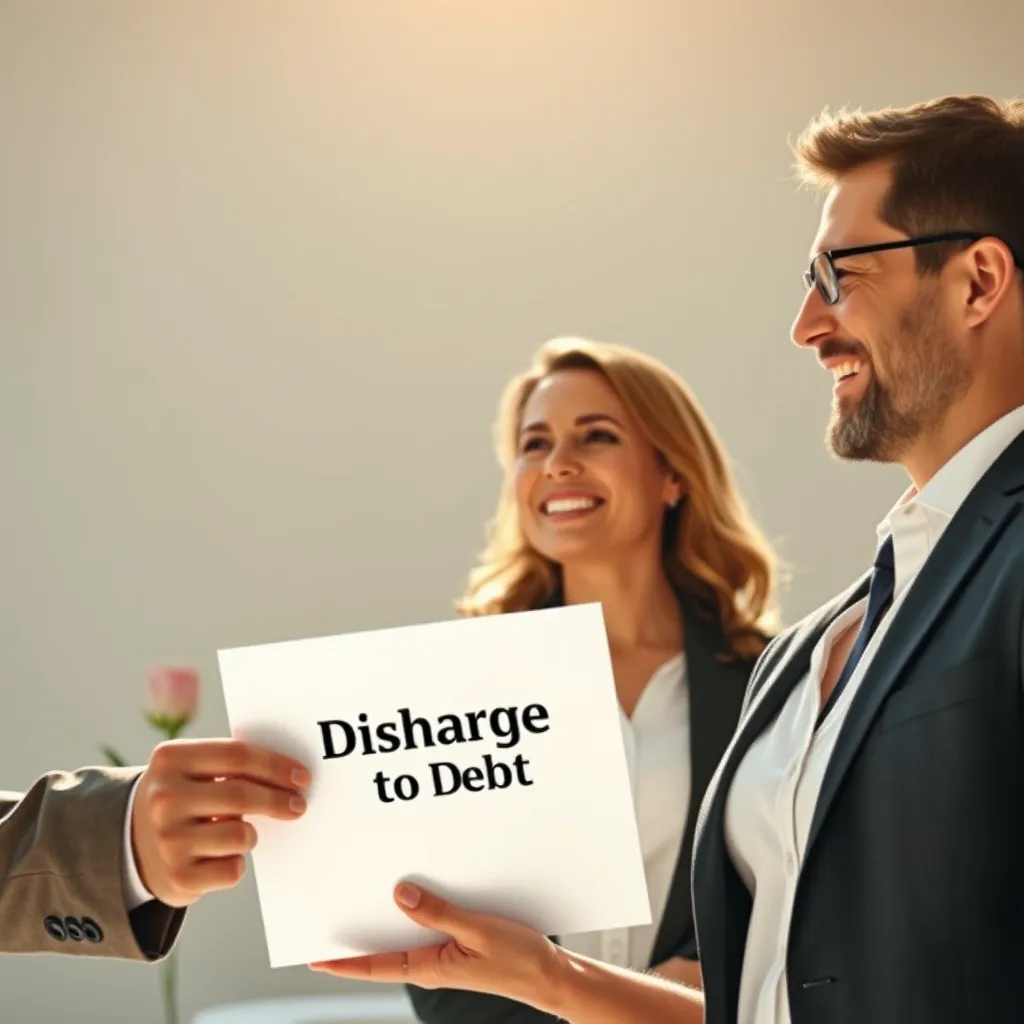 A photorealistic image of a lawyer handing a client a document marked 'Discharge of Debt' while both look confidently towards the future. The client is smiling, feeling relieved and optimistic. The image should be set in a bright, uplifting environment with elements representing a fresh start, like a blooming flower or a sunrise.