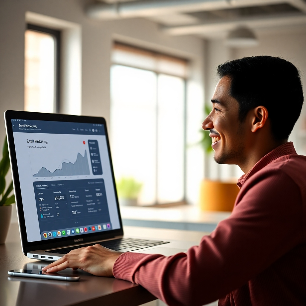 A photorealistic image of a laptop screen displaying an email marketing dashboard showing a rapidly growing subscriber count, alongside a person smiling and looking at the screen with a positive expression. The background should be a modern, minimalist office space with natural light.
