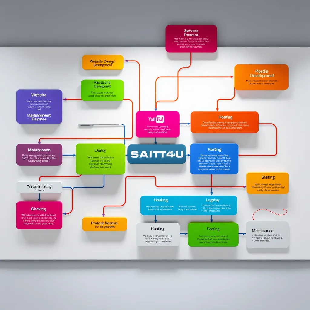 A photorealistic image of a large, colorful flowchart representing various web development services. Each section of the flowchart should be labeled with different services offered by SAITS4U, such as website design, development, hosting, and maintenance.