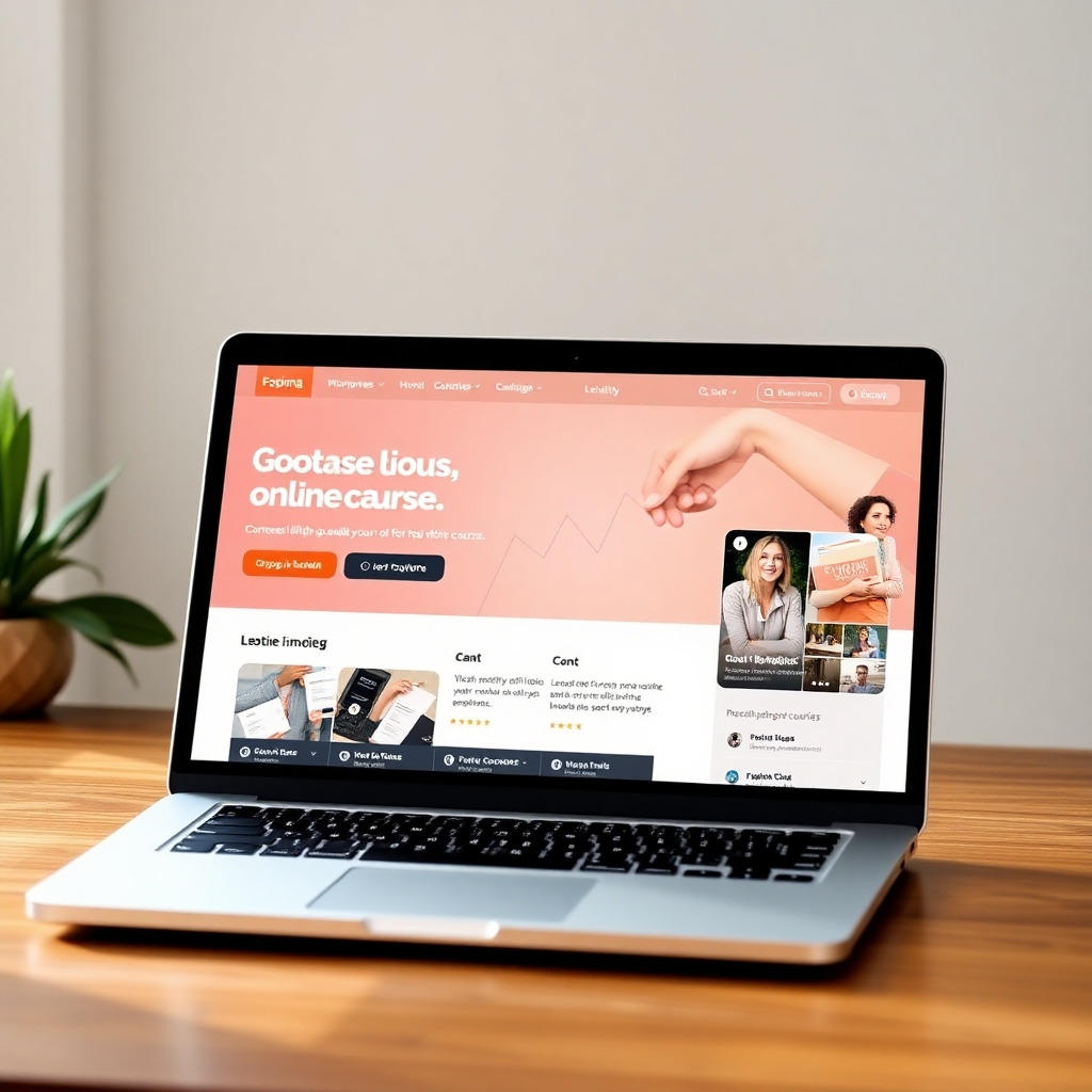 A photorealistic image of a laptop screen showcasing a well-designed online course landing page with high-quality visuals and testimonials. The lighting should be soft and even, emphasizing the clarity and professionalism of the design. The overall style should be sleek and modern, echoing successful online course platforms.