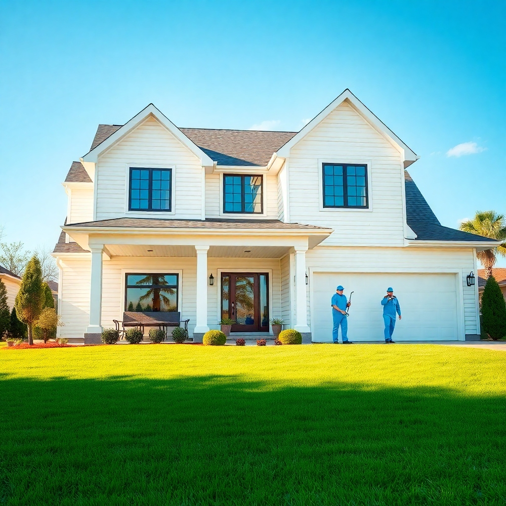A photorealistic image of a large, modern house with pristine white siding and vibrant green lawn. The house is completely clean, with no visible dirt or grime.  Sunlight illuminates the house, highlighting its cleanliness.  A professional cleaning crew is subtly visible in the background, showcasing their work. The style should be sharp, clean, and aspirational.