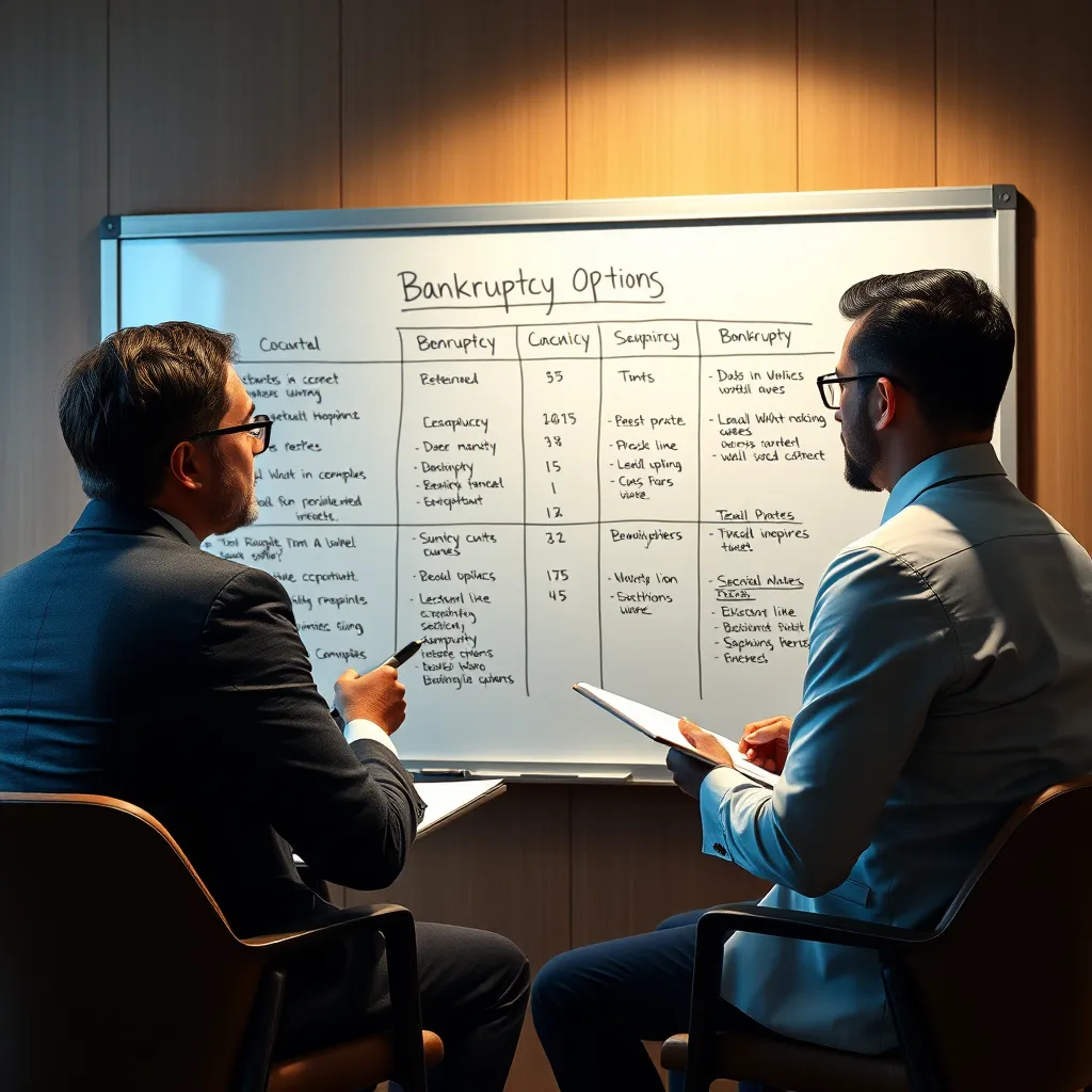 A photorealistic image of a lawyer presenting a detailed breakdown of bankruptcy options on a whiteboard to a client. The client is seated across from the lawyer, listening attentively and taking notes. The image should depict a clear, concise, and transparent approach to explaining complex legal information, emphasizing the importance of informed decision-making.