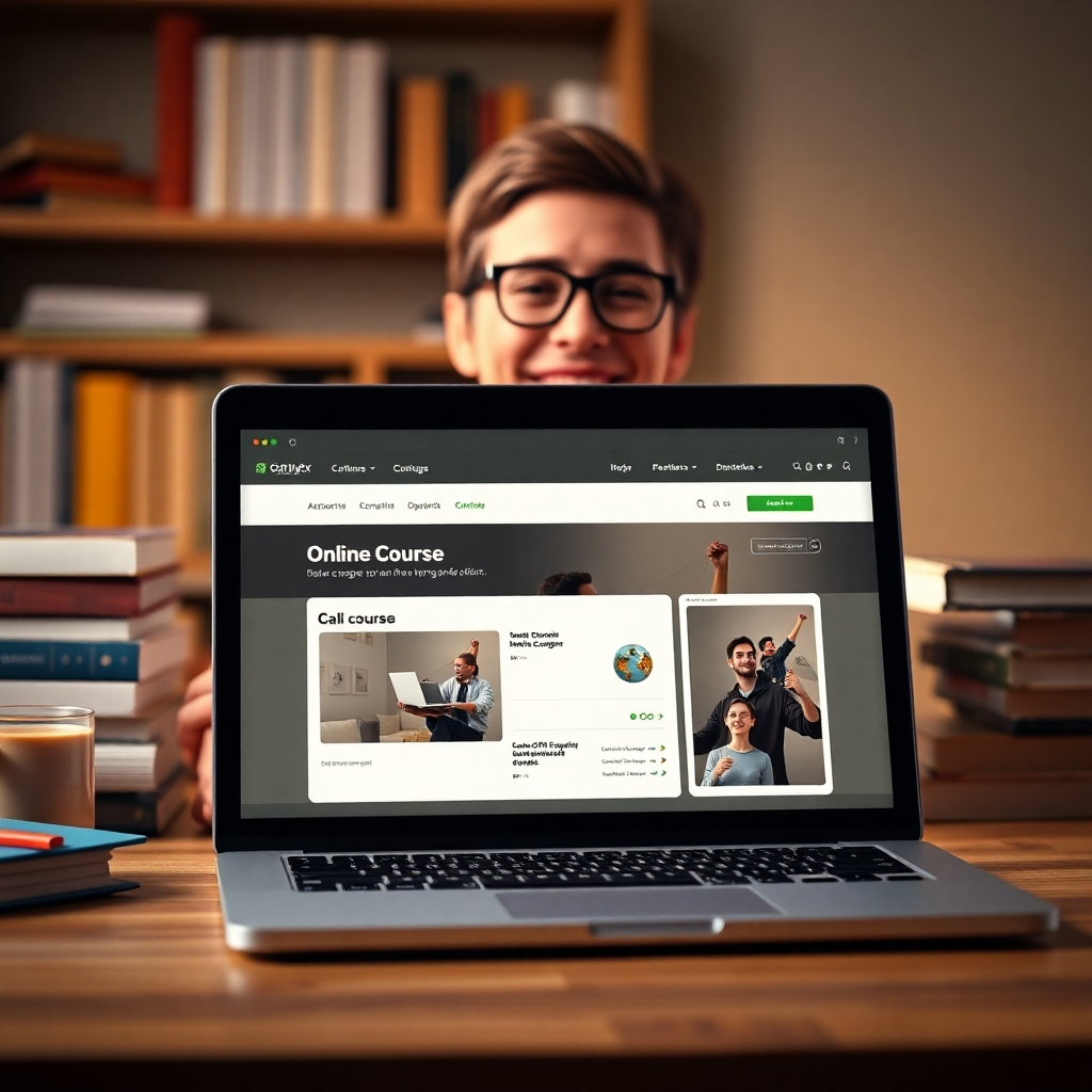 A photorealistic image of a laptop displaying an online course platform, with a person smiling in the background, surrounded by books and a coffee mug. The image should have a warm, inviting lighting and a clean, organized aesthetic.  Focus on a feeling of success and ease.