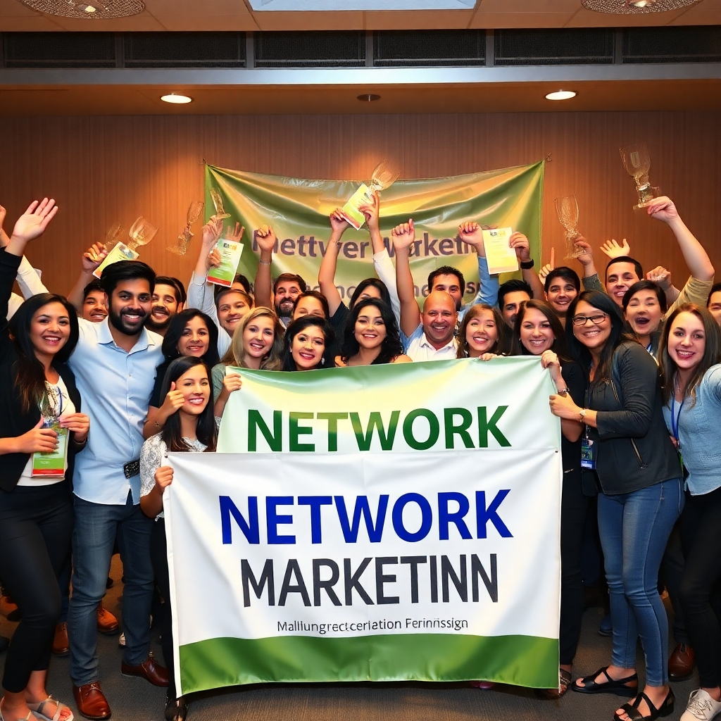 A photorealistic image of a large, successful network marketing team celebrating their achievement, with awards, banners, and joyous expressions. The lighting and mood should reflect their success and celebration.